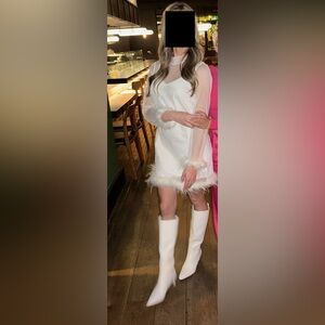 Immaculate Charisma White Mesh Feather Long Sleeve Mini Dress